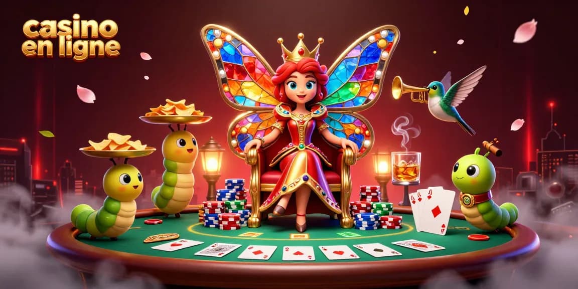 Illustration dynamique de casino en ligne avec la reine papillon et des éléments de jeu éblouissants.