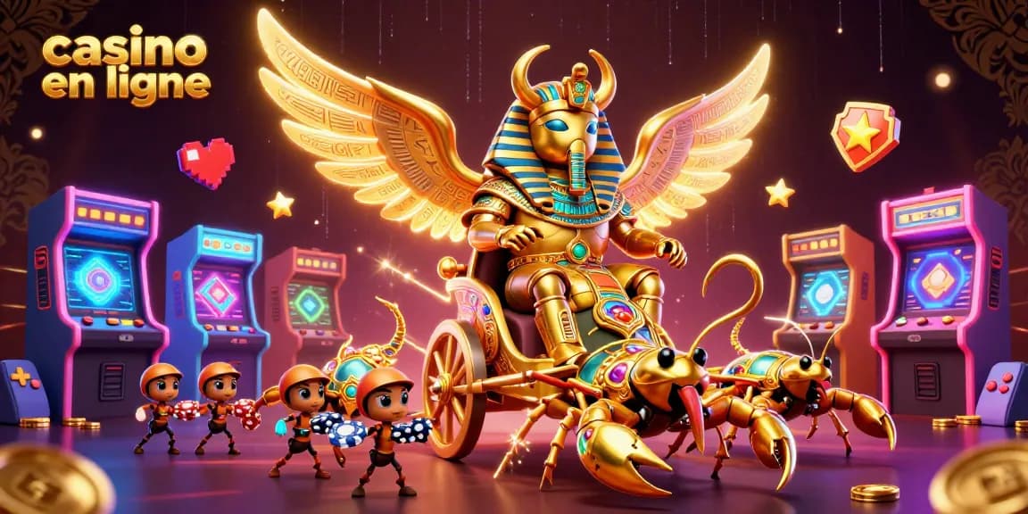 Casino en ligne avec un scarabée doré colossal et des scorpions scintillants offrant des jeux captivants.