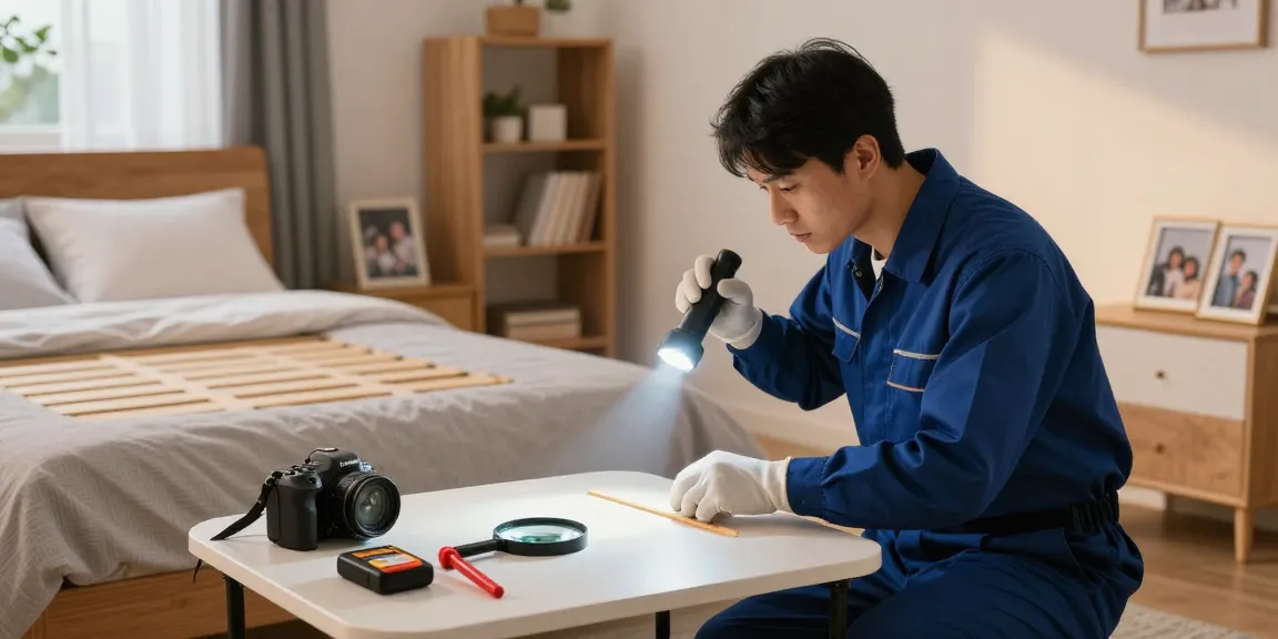 Bed bug exterminators inspecting a clean bedroom for infestations, ensuring family safety.