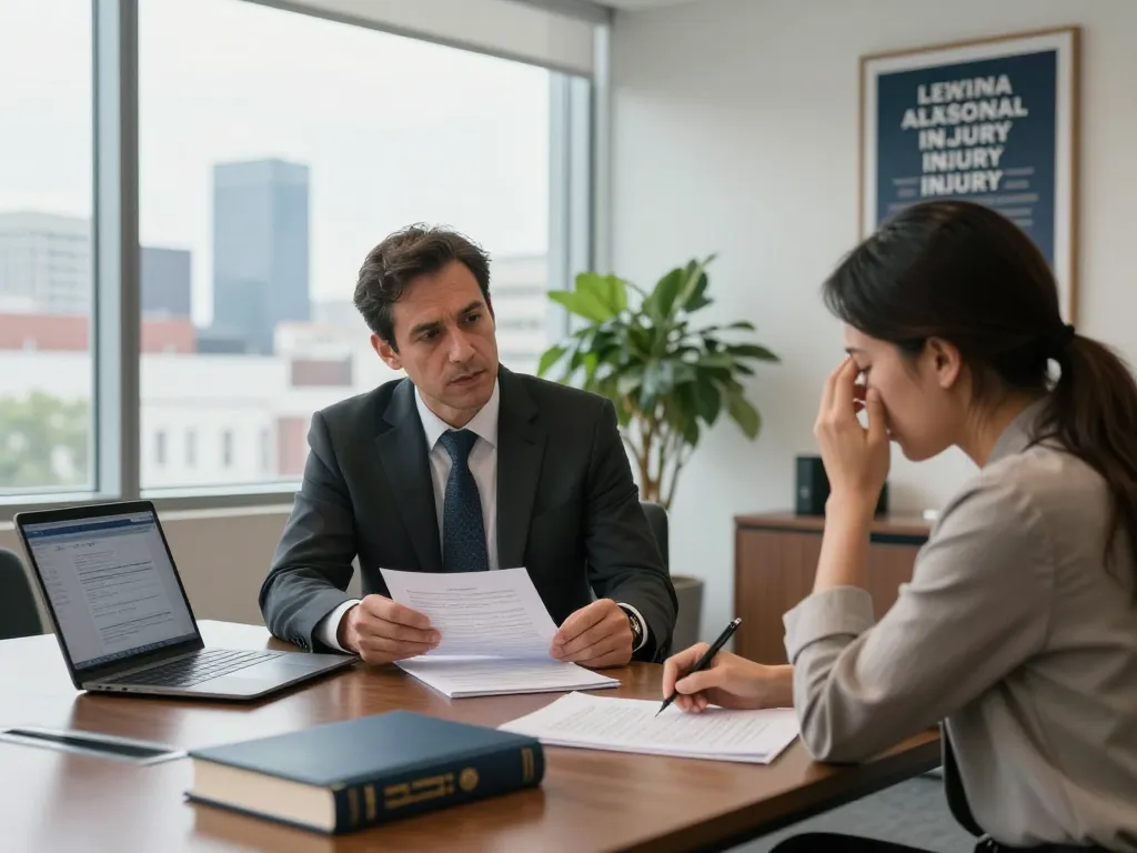 Alexandria personal injury lawyer consulting with a distressed client in a modern law office setting.