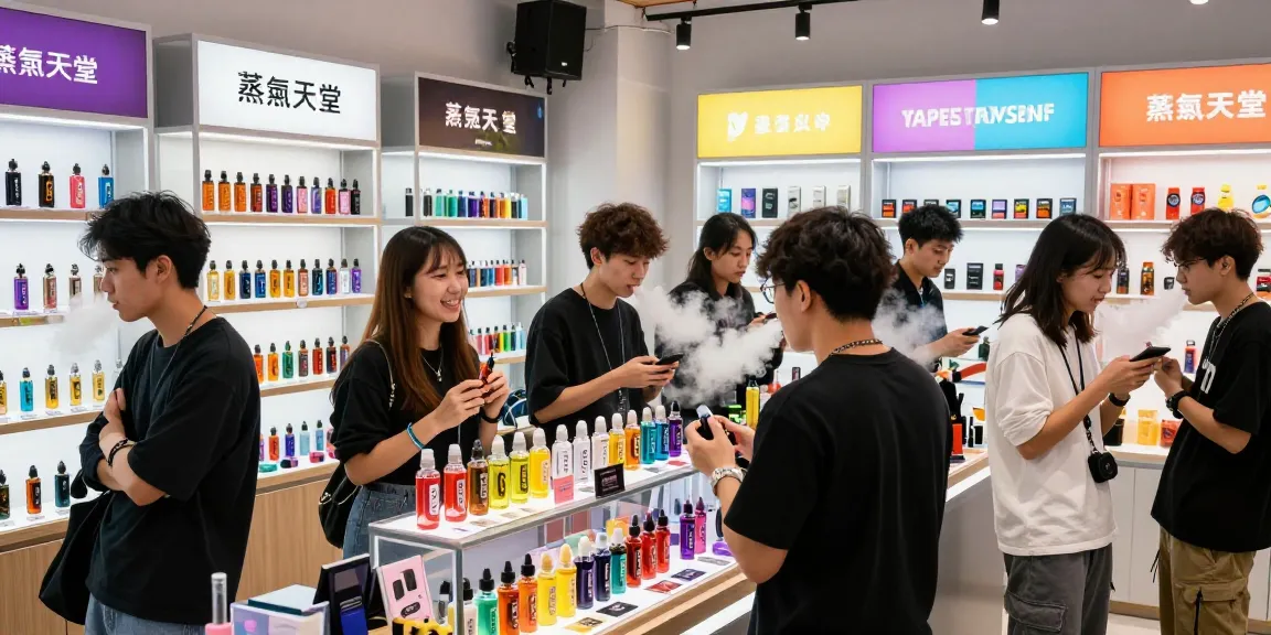 Diverse group enjoying flavors at 蒸氣天堂 vape shop with modern devices and vibrant atmosphere.