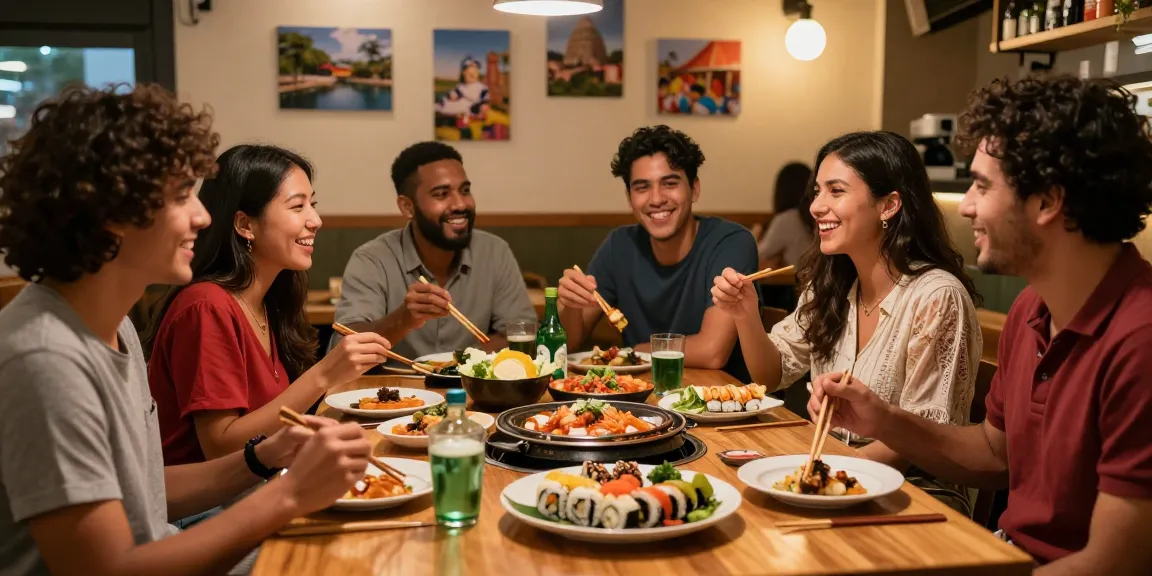 Friends enjoying Asian cuisine at https://hanadultalk.com cafe, celebrating cultural exchange with joyful atmosphere.