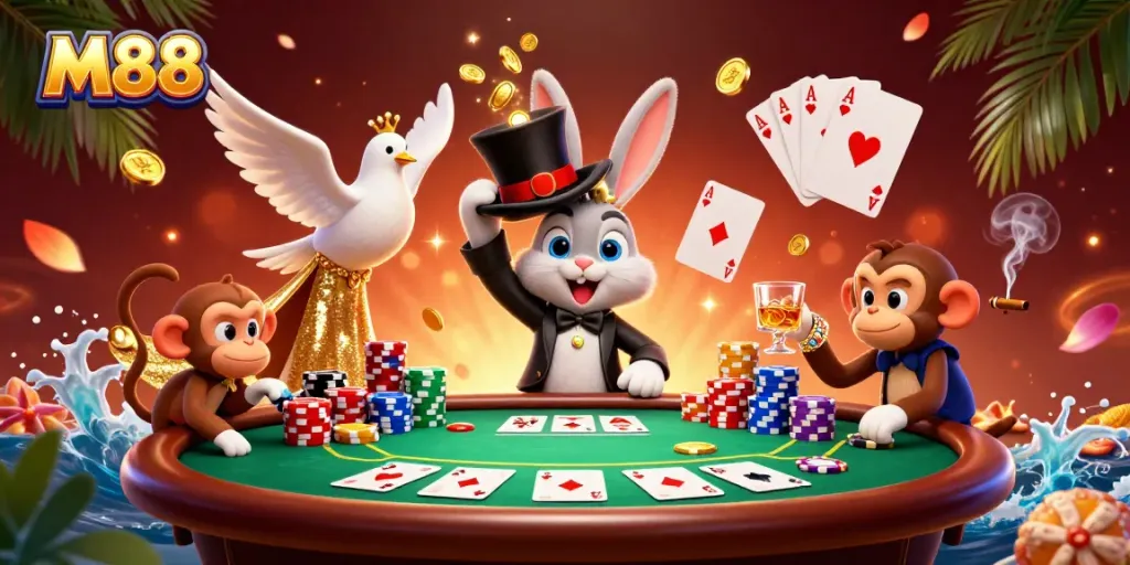 Experience the thrill of M88 with a magician rabbit revealing hidden treasures in a casino scene!