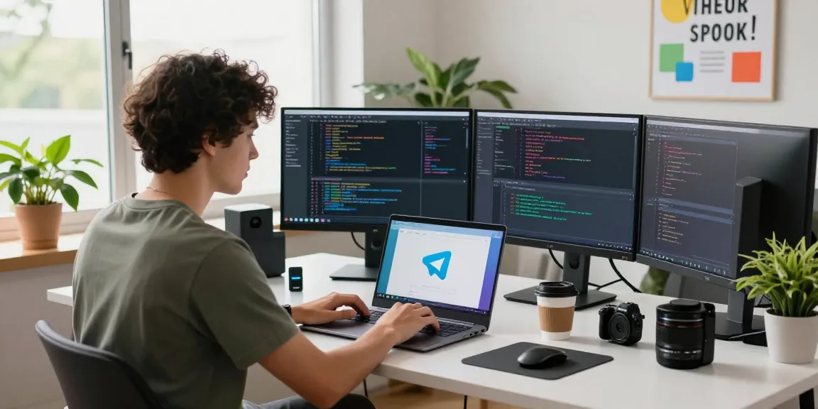 Developer working on Telegram software at a vibrant workspace, showcasing 纸飞机中文版 in a productive tech environment.
