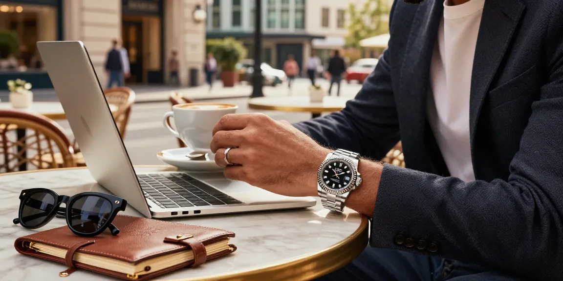 Individual enjoying coffee while wearing rolex super clone watches in a luxury café setting.