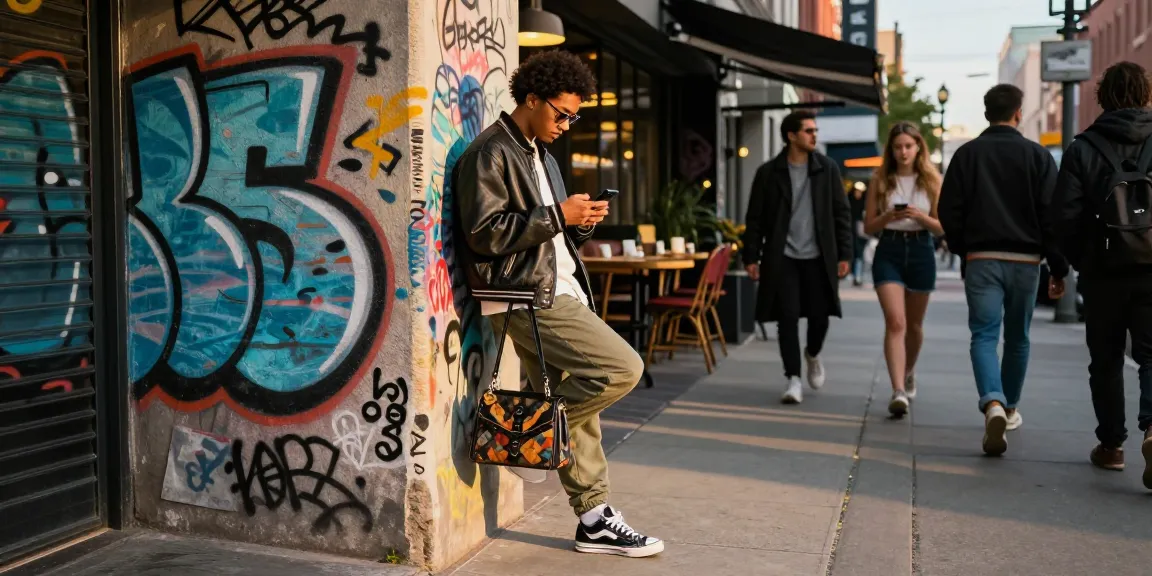Person in stylish 레플리카 outfit engaging with smartphone in vibrant urban setting.