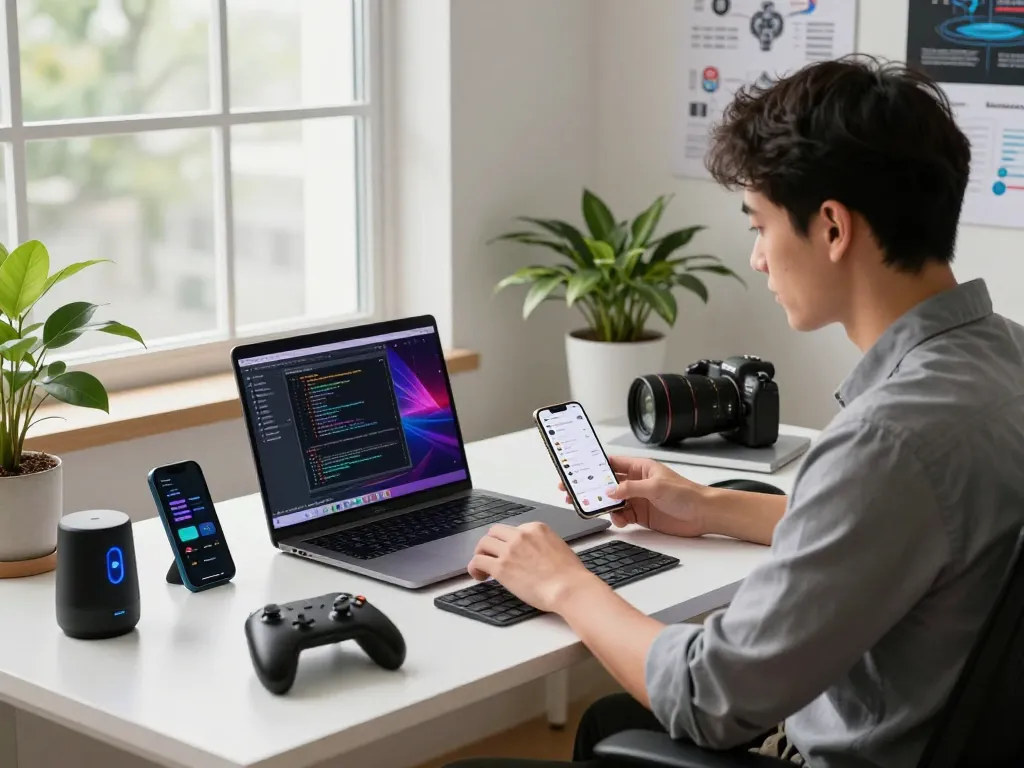 Innovative tech gadgets showcased in a modern workspace with a laptop, Bluetooth keyboard, and smartphone notifications.