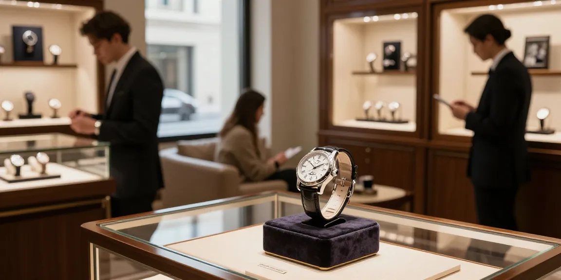 Customer admiring high-quality replica watches in an elegant boutique setting.