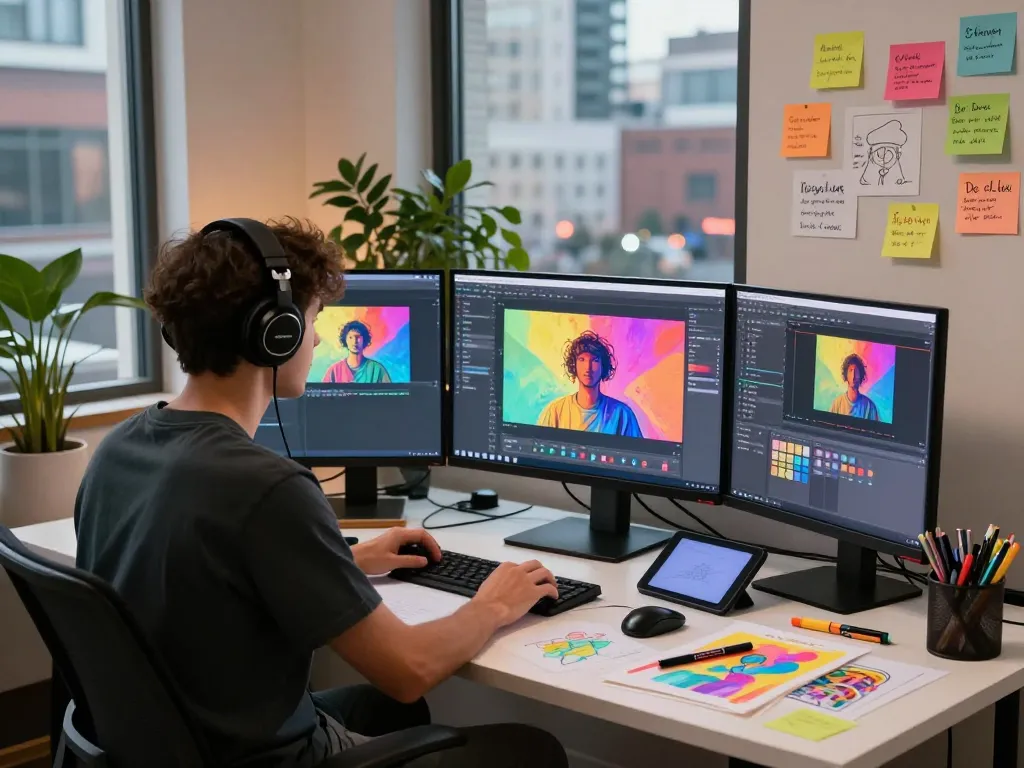 A digital artist using an image to prompt tool in a vibrant workspace filled with art supplies and multiple screens.