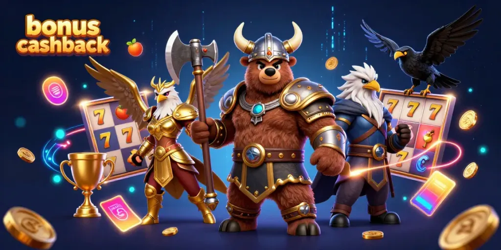 Engage in thrilling gameplay with bonus cashback opportunities in an exciting casino scene.
