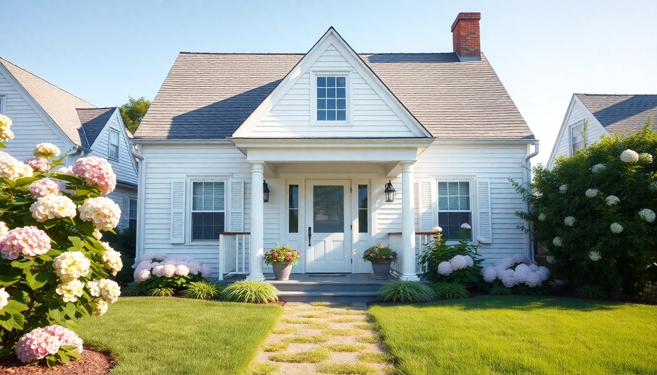 View of beautiful Cape Cod home with classic architecture and blooming gardens.