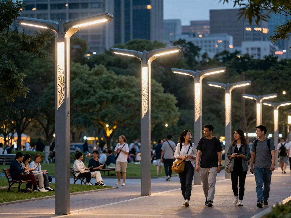 Light pole manufacturers create modern urban lighting structures illuminating a lively city park.