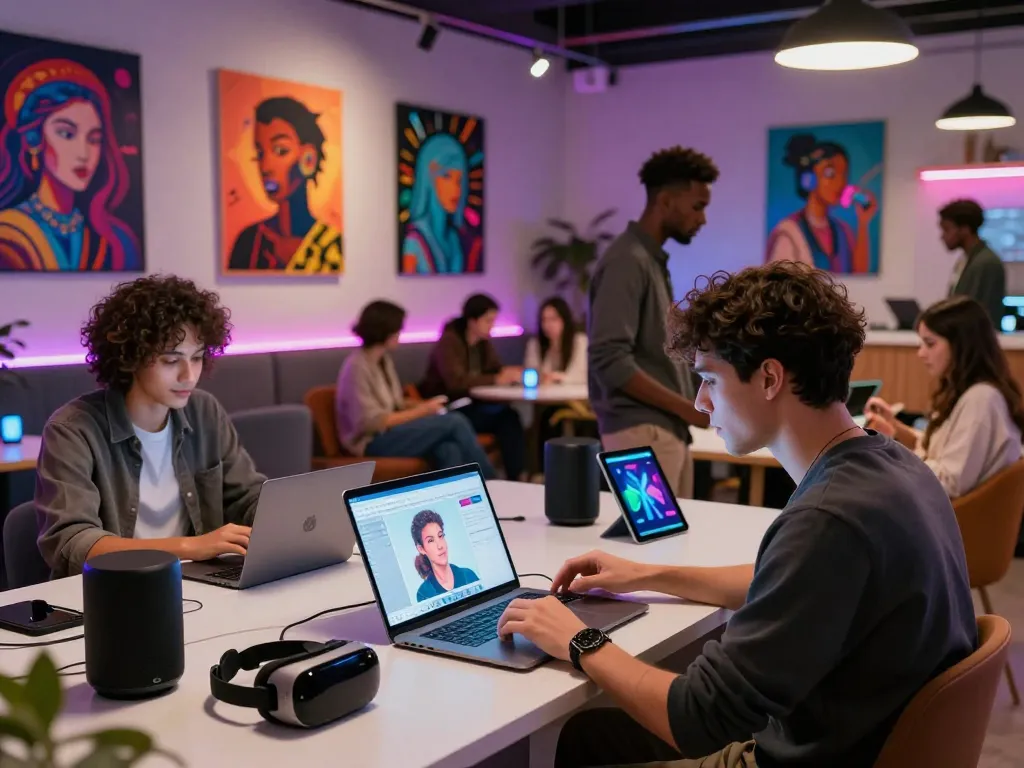 Engaging NSFW AI interaction in a vibrant, modern urban lounge, showcasing creativity and technology.