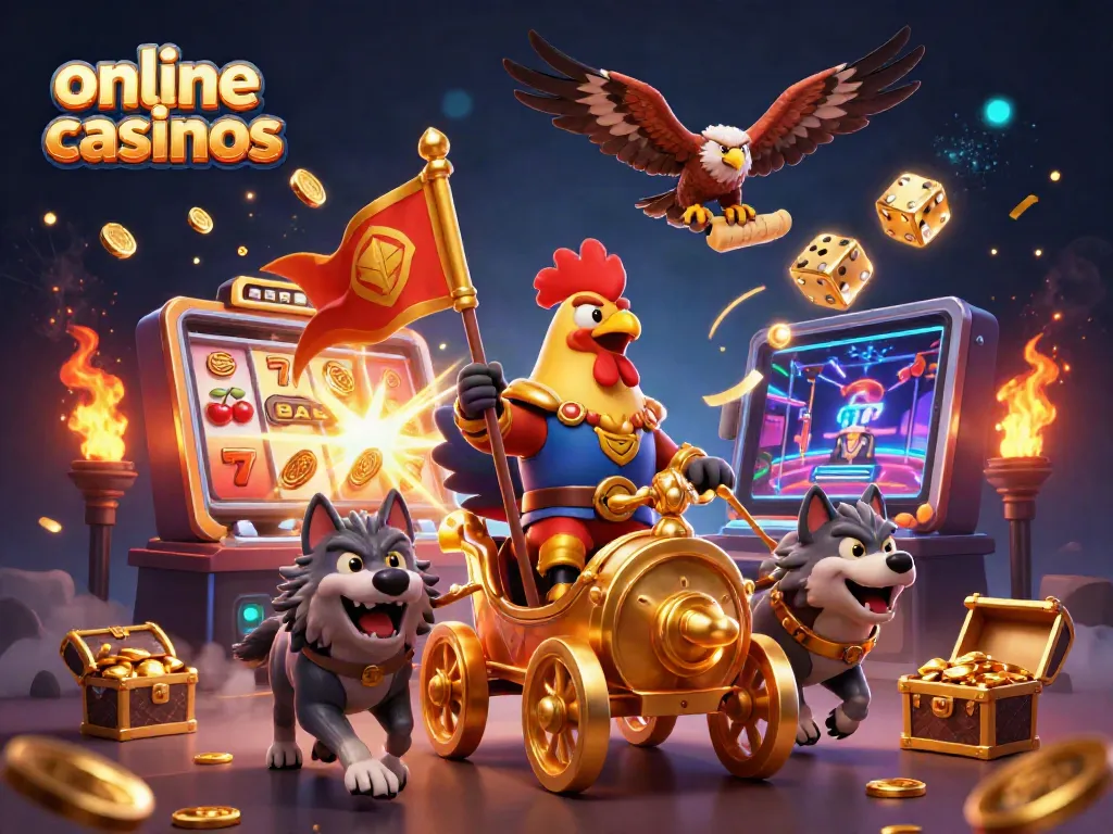 Experience thrilling online casinos with a dynamic 3D illustration of a rooster warlord and slot machine magic.