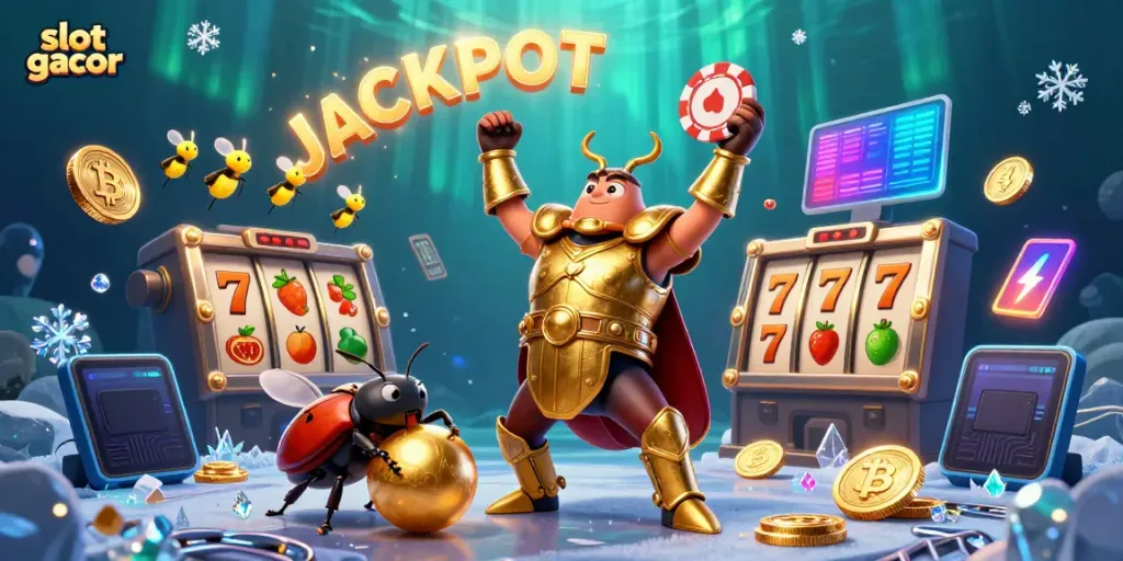 Experience the thrill of slot gacor with a victorious beetle and dazzling casino elements