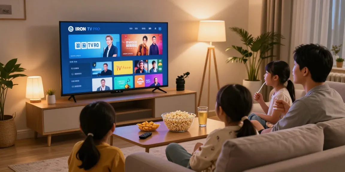 Regardez le service IRON TV PRO dans un salon accueillant, parfait pour les soirées cinéma.