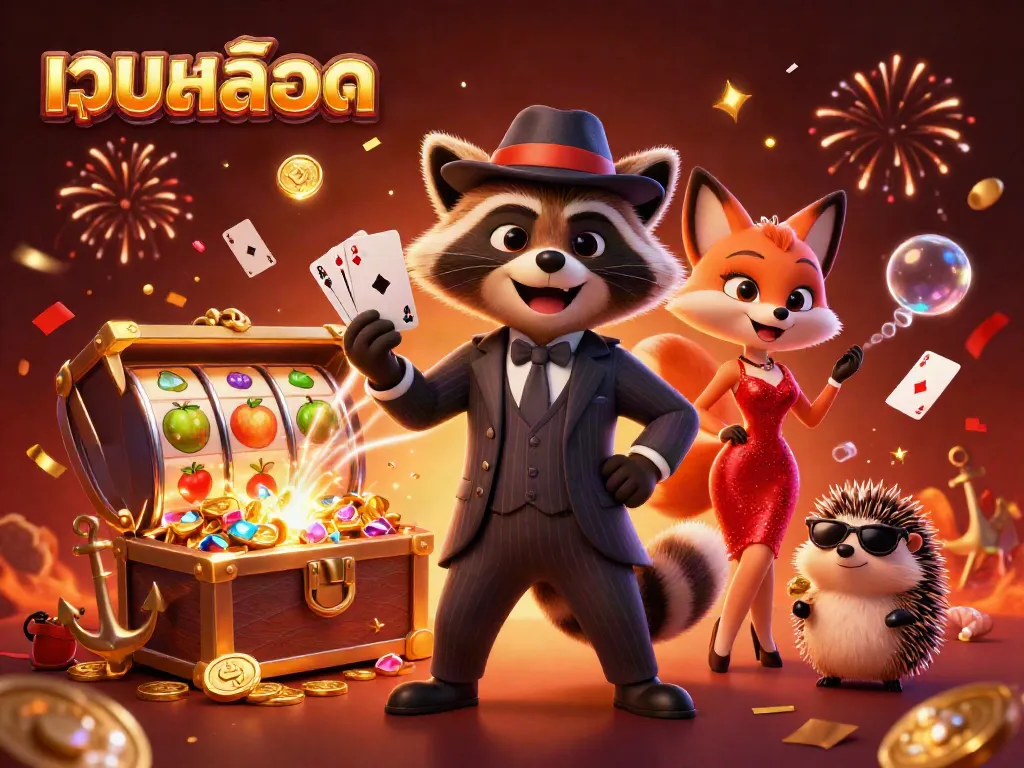 Experience thrilling เว็บสล็อต action with a suave raccoon, elegant fox, and bouncer amidst dazzling visuals.