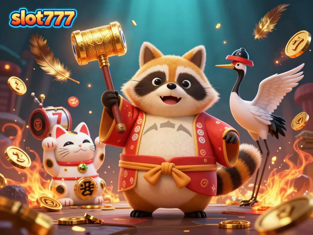 Gali lebih dalam permainan slot777 dengan gambar karakter keberuntungan dan slot yang mencolok.