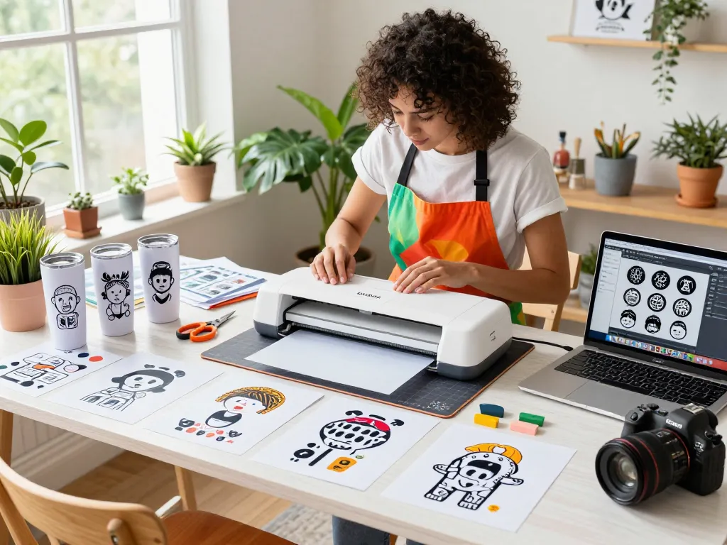 Crafting with a cricut svg bundle in a vibrant home studio filled with tumbler designs and creative tools.