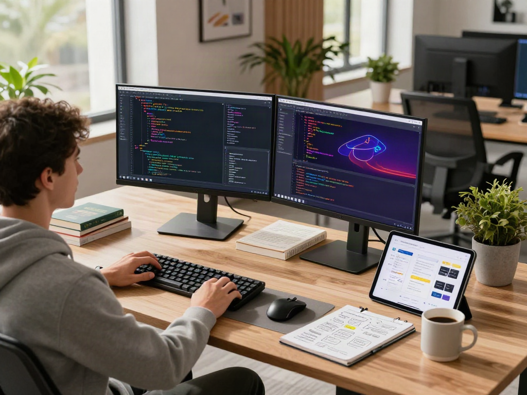 Software developer working with code on dual monitors in a modern tech workspace, featuring bro138 gadgets and vibrant UI designs.
