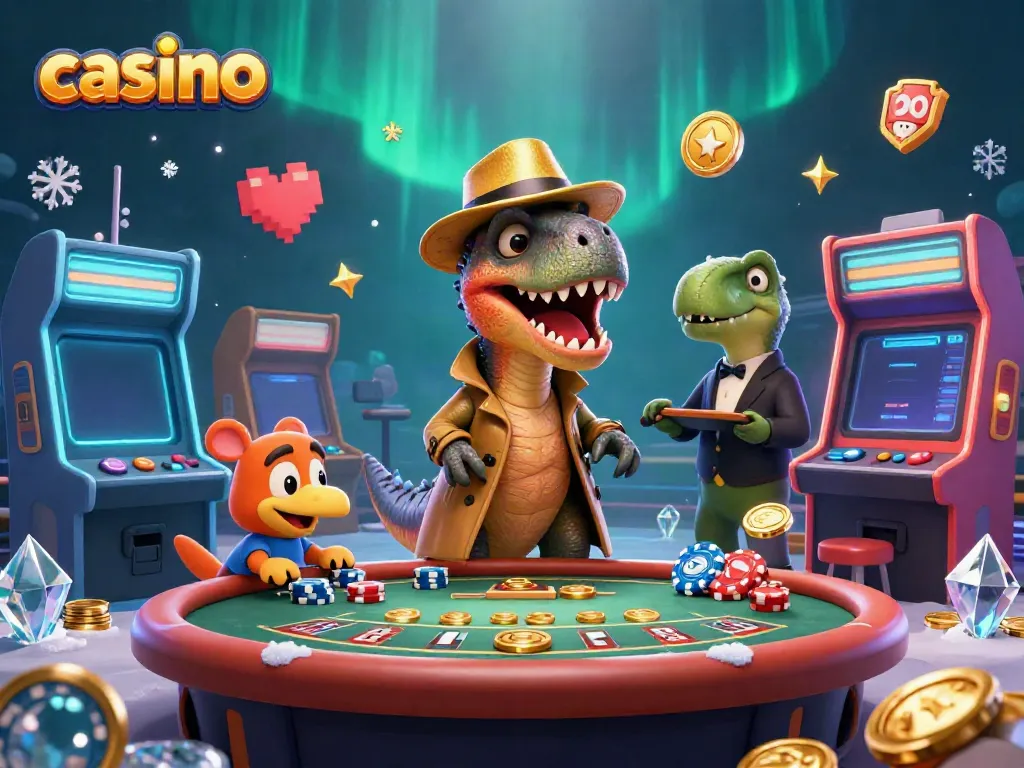 Interactive casino scene with a velociraptor card counter blending in at a blackjack table with a stegosaurus pit boss.