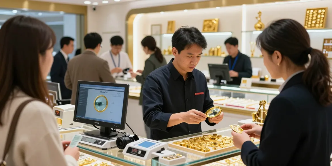 Analyse du cours de l'or avec un acheteur d'or professionnel examinant des pièces et bijoux en or.