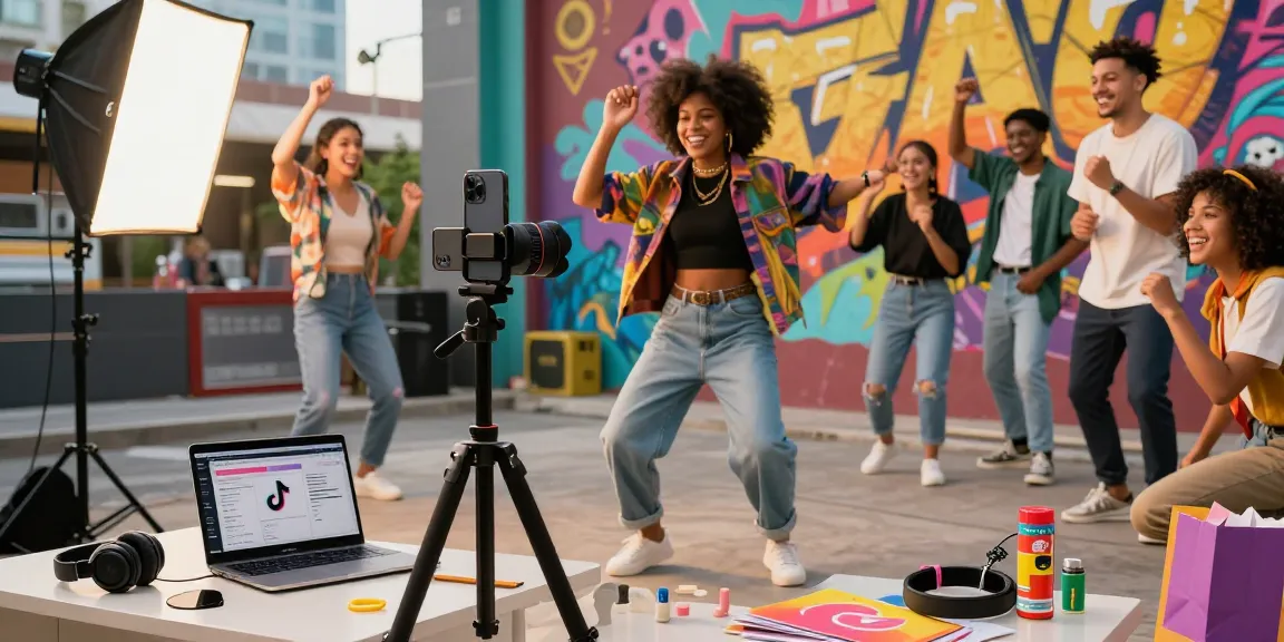 How to become a TikTok influencer: Engaging influencer filming a joyful dance video in a vibrant urban setting.