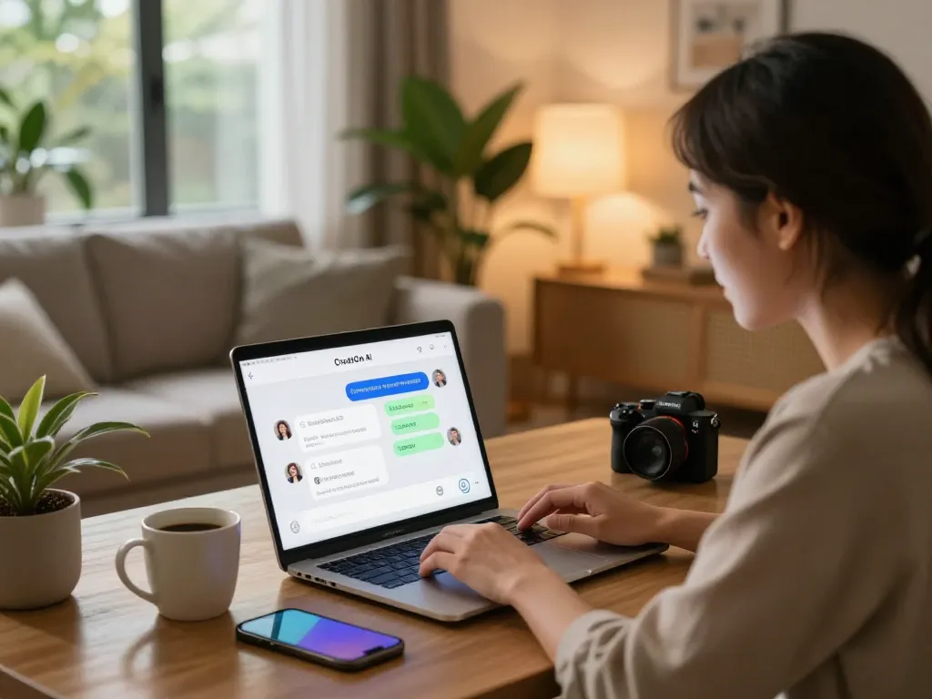 User enjoying engaging conversation with CrushOn AI in a cozy home workspace.