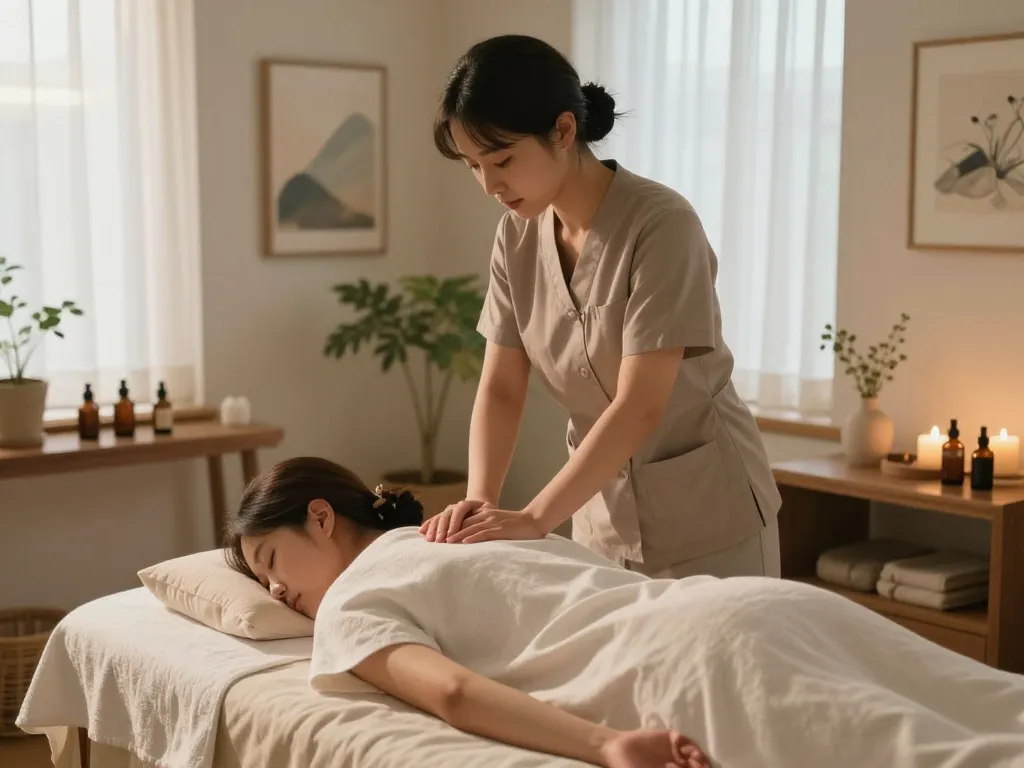 Soothing 서울출장마사지 experience in a tranquil home spa environment, with a professional therapist enhancing relaxation.