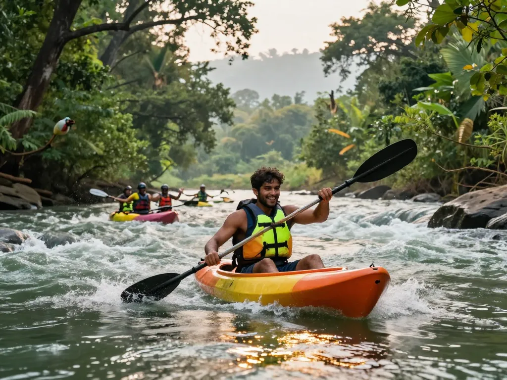 Dandeli kayaking experience on the Kali River with scenic lush greenery.