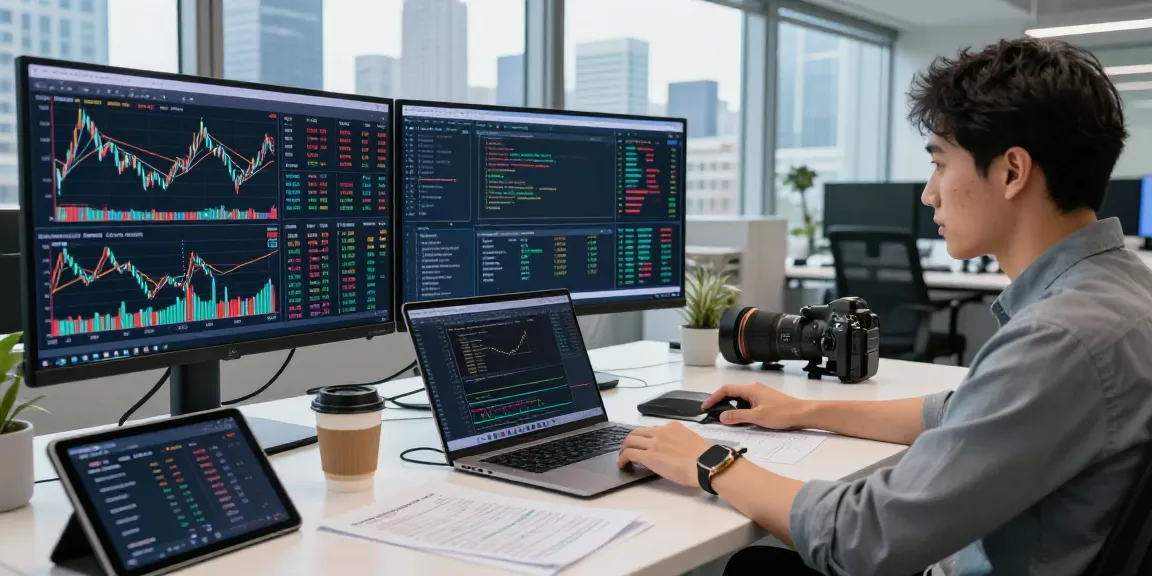 分析全球纳斯达克股票数据源的金融分析师在现代办公环境中工作，专注的气氛和实时数据展示。
