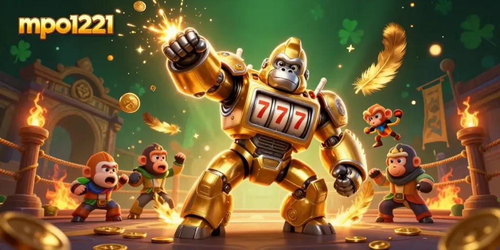 Join the epic adventure in mpo1221 with the golden gorilla mech ready to punch for jackpot wins.
