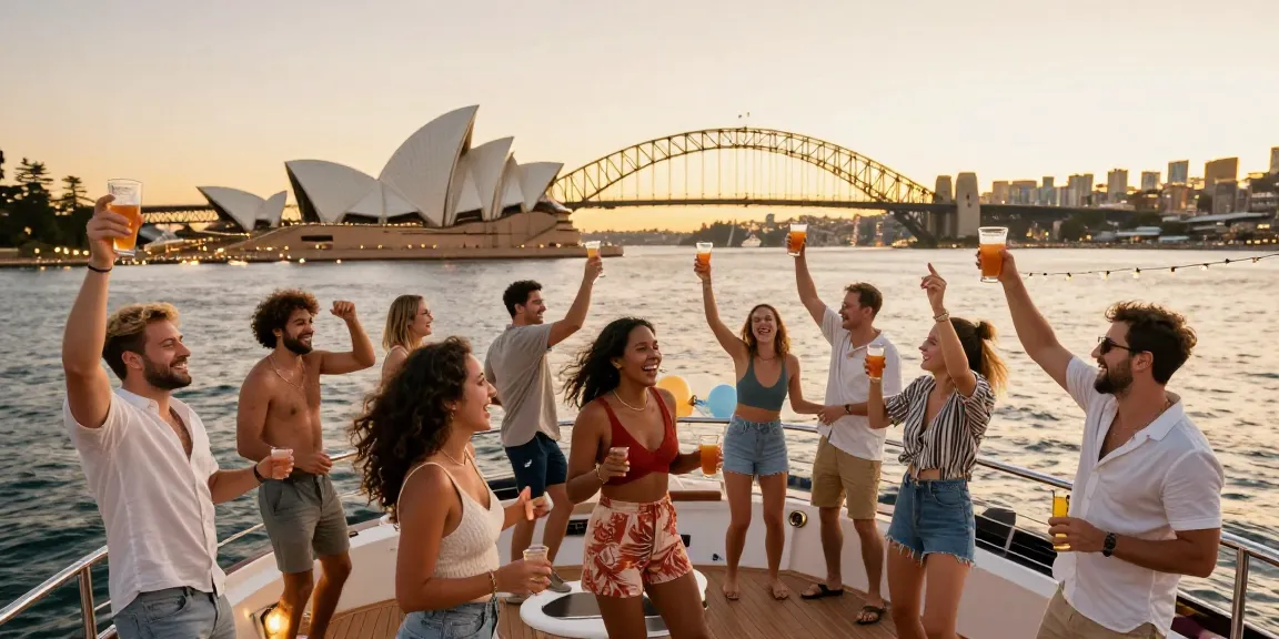 Celebrate a lively boat party in Sydney with friends on a luxurious yacht during sunset.
