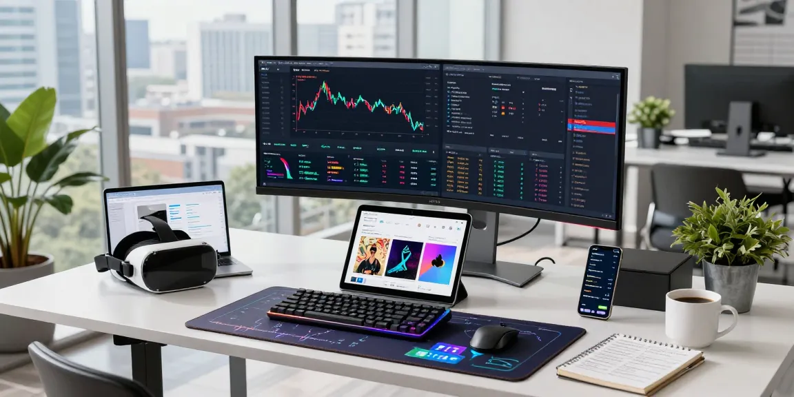 Cricbet trading workspace featuring cryptocurrency dashboard, digital wallet, and NFT art analysis in a professional tech environment.