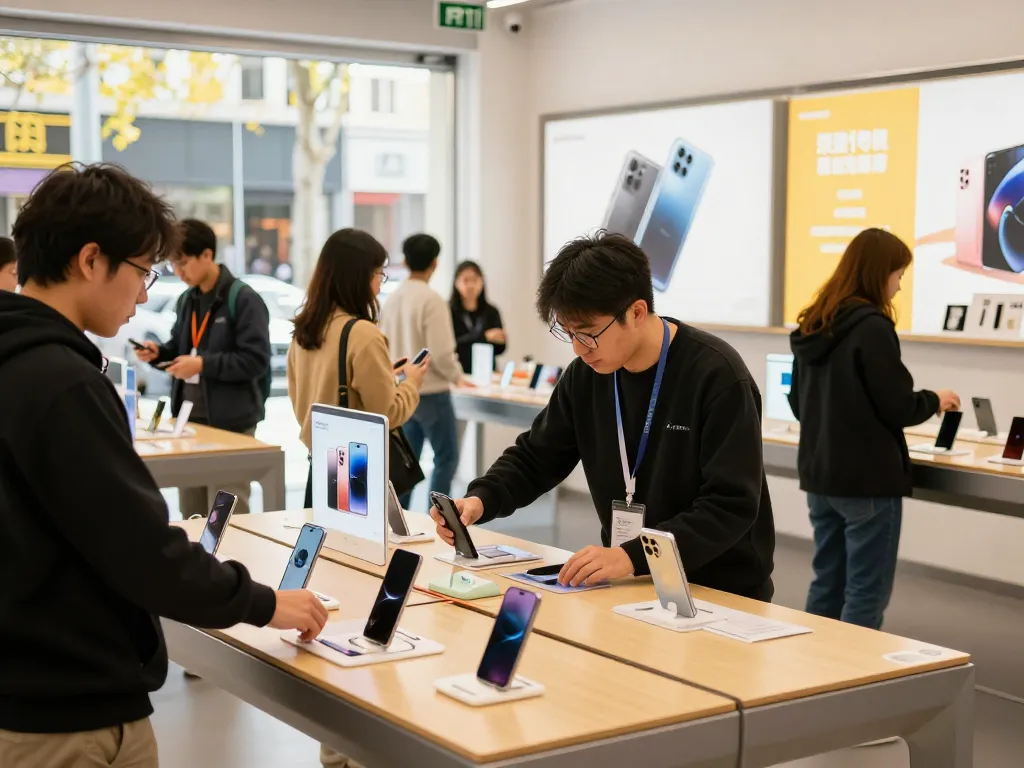 Best mobile shop with diverse customers exploring the latest smartphones in a vibrant urban store.