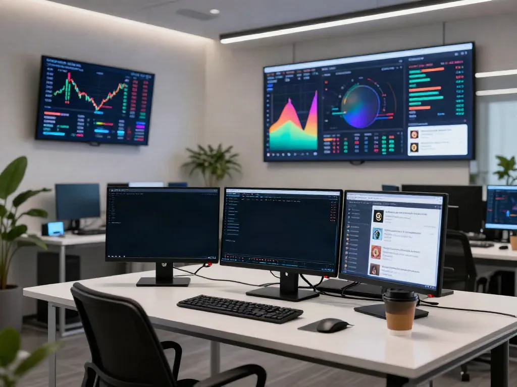 Real-time cryptocurrency information display in a modern office environment, emphasizing 株価データ API 無料 and trading analytics.