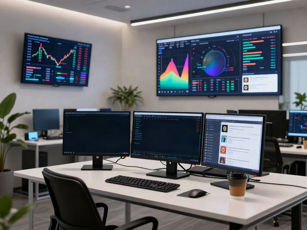 Real-time cryptocurrency information display in a modern office environment, emphasizing 株価データ API 無料 and trading analytics.