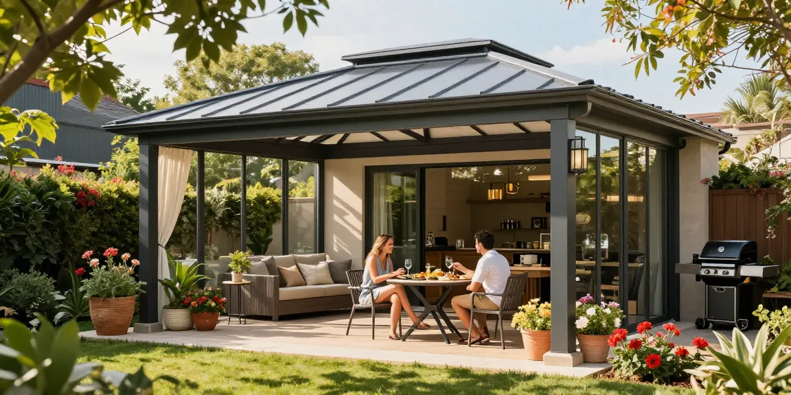 Freistehende Terrassenüberdachung im Garten mit einem Paar, das entspannt und Mahlzeiten genießt.