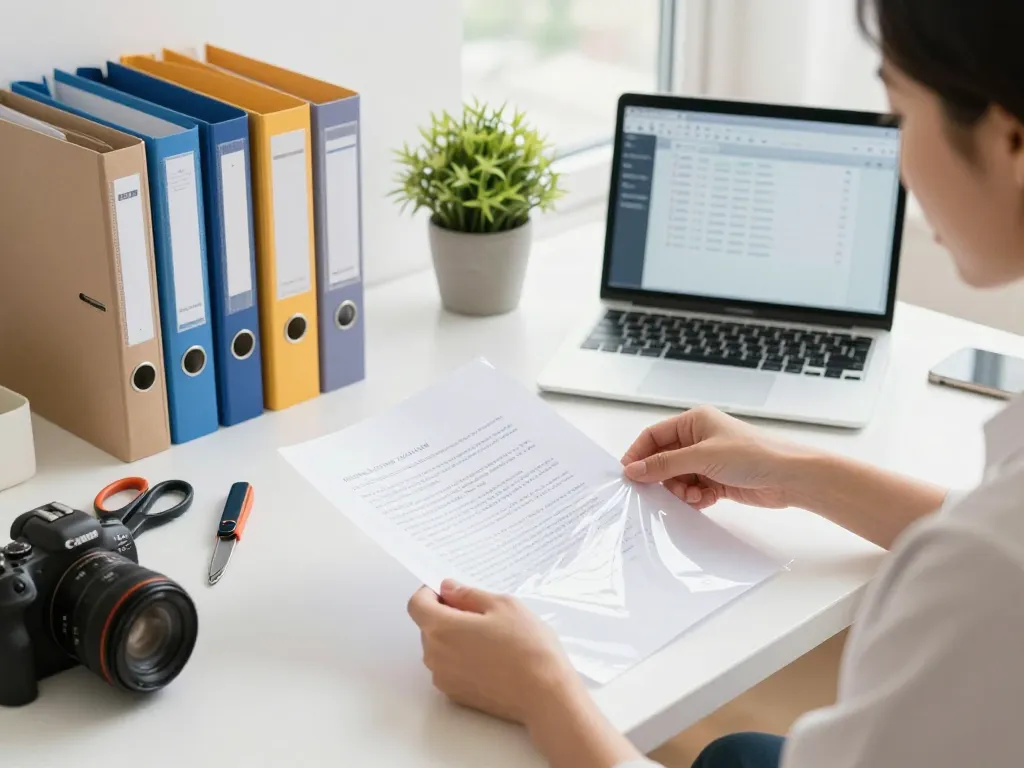 Learn cách bóc giấy ép plastic không rách giấy while managing document organization in a bright home office.