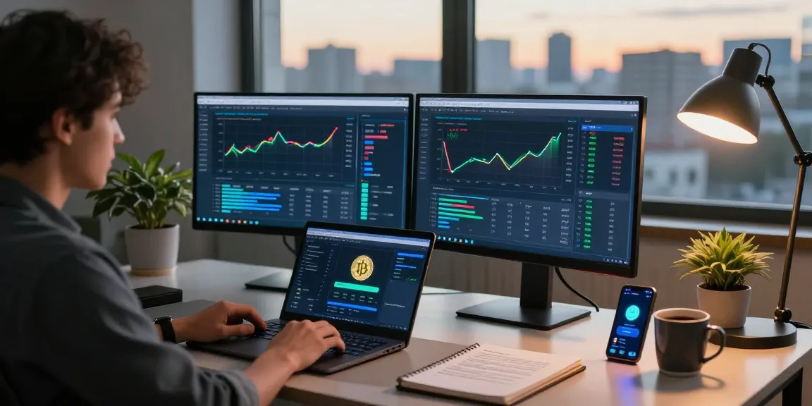 Bitcoin mining contract analytics displayed on monitors in a modern home office with crypto wallet access, showcasing innovative mining setups and profitability.