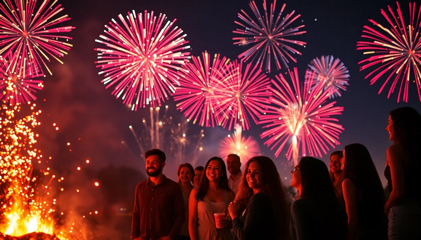Discover stunning fireworks for sale lighting up the night sky at a festive gathering.