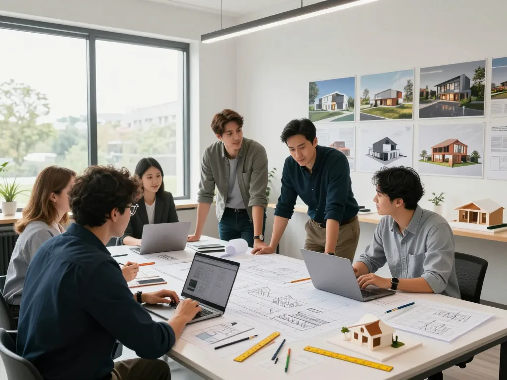 Architect house design team collaborating on innovative projects in a bright workspace.