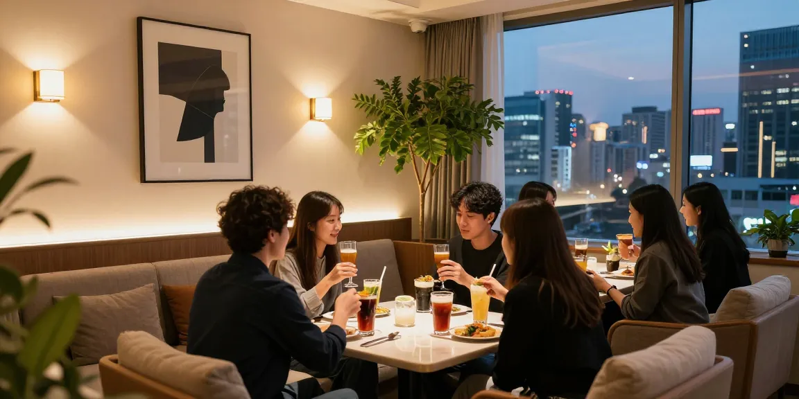 강남 멀리건에서 친구들이 함께 즐거운 시간을 보내는 모습, 세련된 인테리어와 아늑한 분위기.