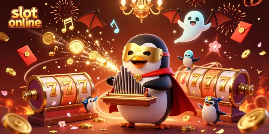 Experience slot online excitement with a vibrant 3D illustration featuring a phantom penguin and dynamic casino elements.