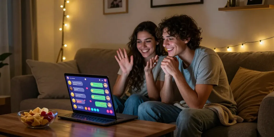 Young couple enjoying a porn chat ai experience on a cozy sofa, laptop reflecting their playful interaction.