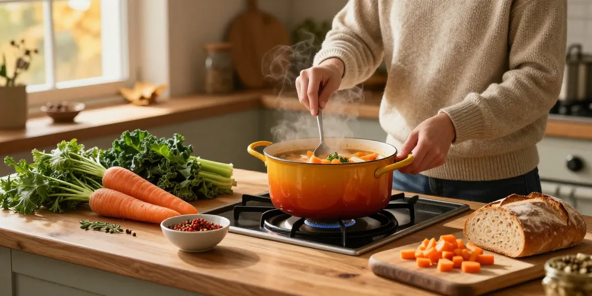 Ein Hobbykoch bereitet eine lebendige vegetarische Suppe mit frischen Zutaten zu und schafft eine warme und einladende Küchenatmosphäre.