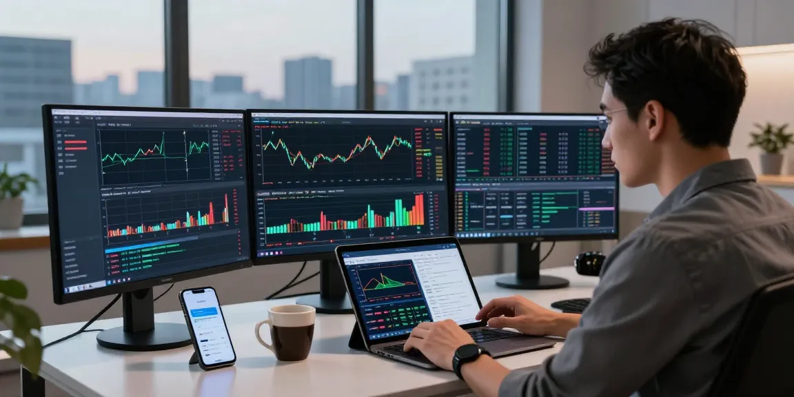Trader using MetaTrader 5 on multiple screens in a modern trading workspace.