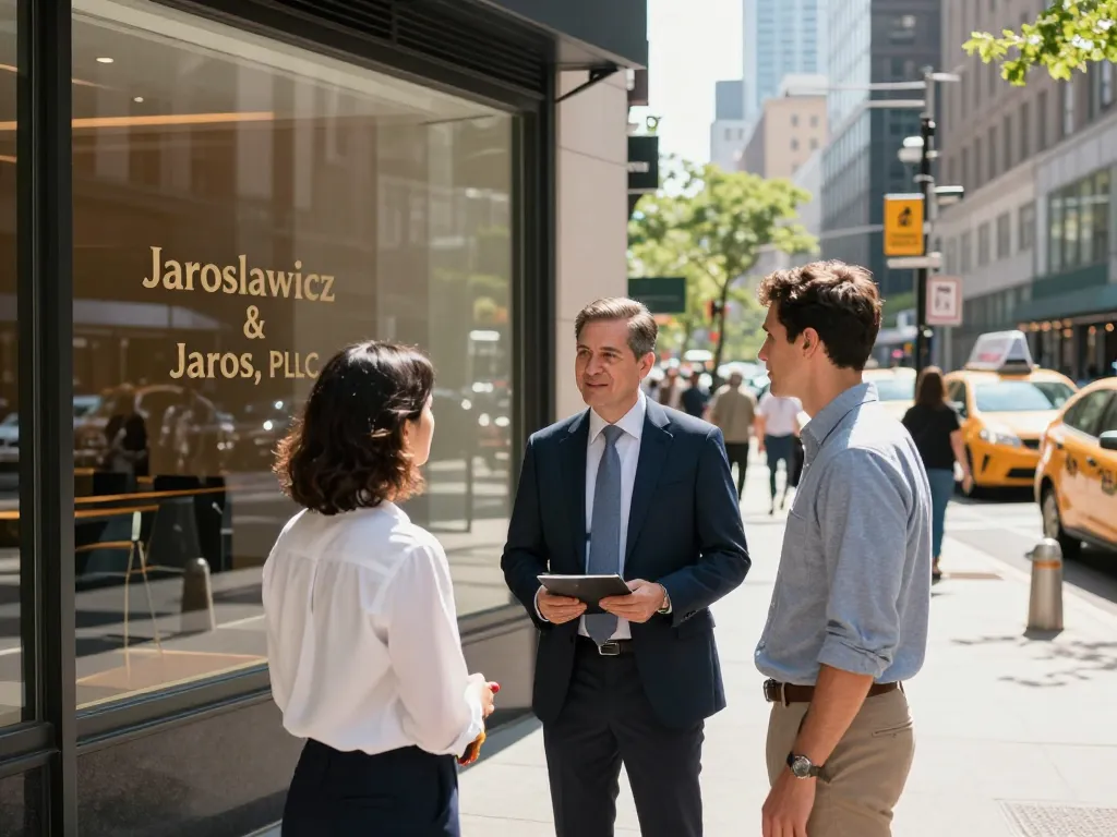 New York City Personal Injury Lawyer consulting with a client outside a law office, showcasing professionalism and accessibility in an urban setting.