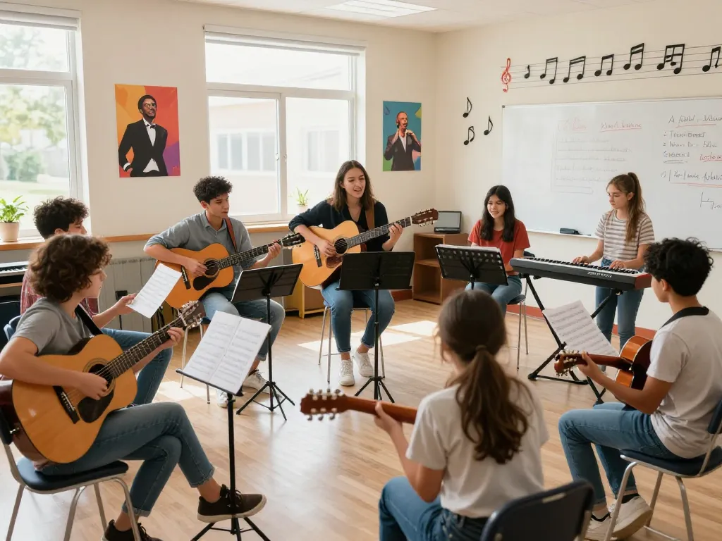 専門的な指導の下で音楽を学ぶ多様な生徒たちに焦点を当てた音楽教室のシーン。
