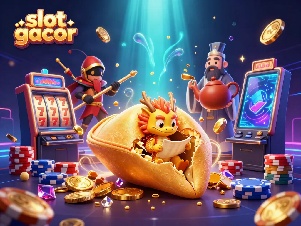 Experience the thrill of slot gacor with a dynamic 3D illustration featuring fortune themes and vibrant casino elements.